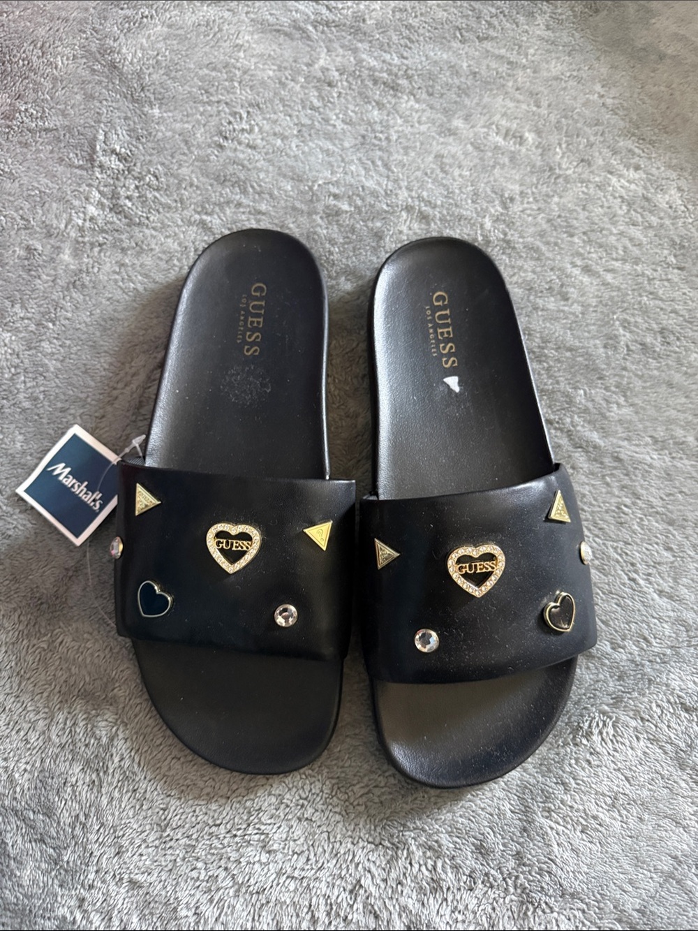GUESS Black Slide Sandals with Gold Heart Studs. Size 10 women’s. New with tags